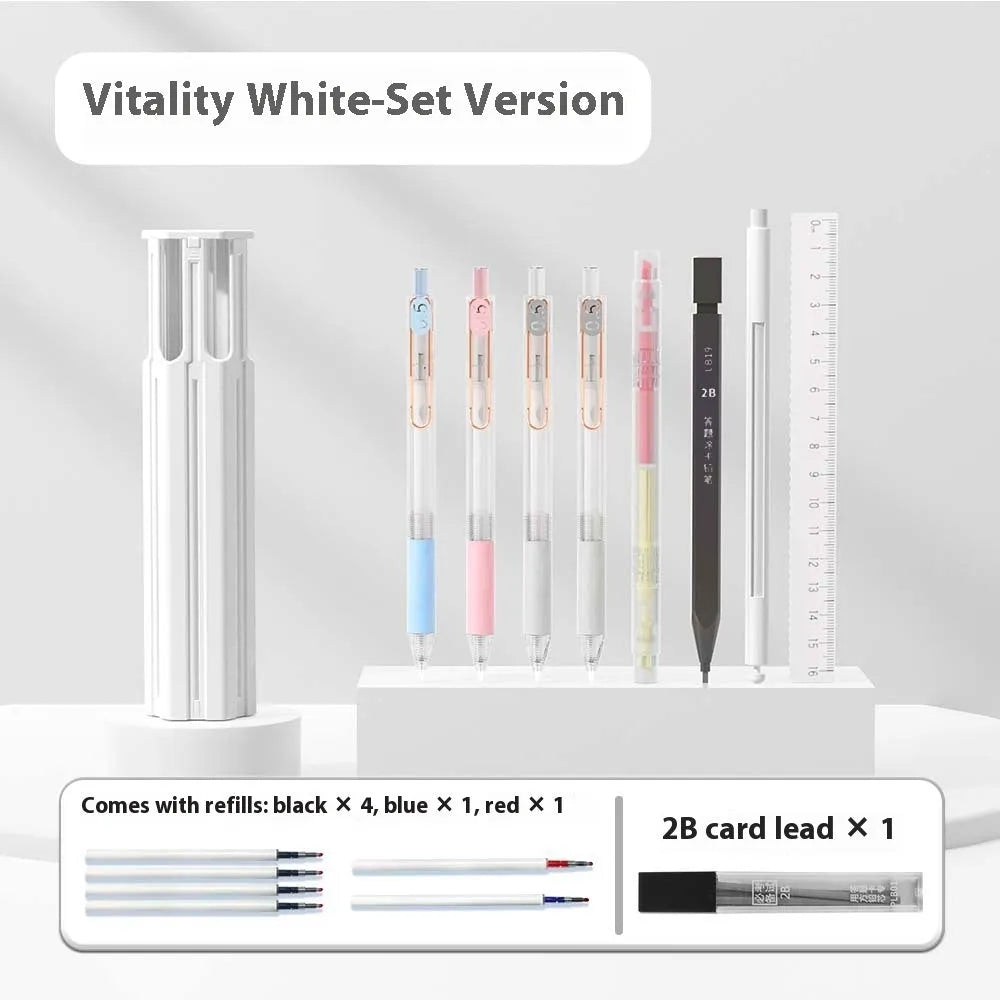 Plastic six pen pencil case kit showing Sky Blue, Vigorous White, and Girl Pink colour options