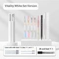 Plastic six pen pencil case kit showing Sky Blue, Vigorous White, and Girl Pink colour options
