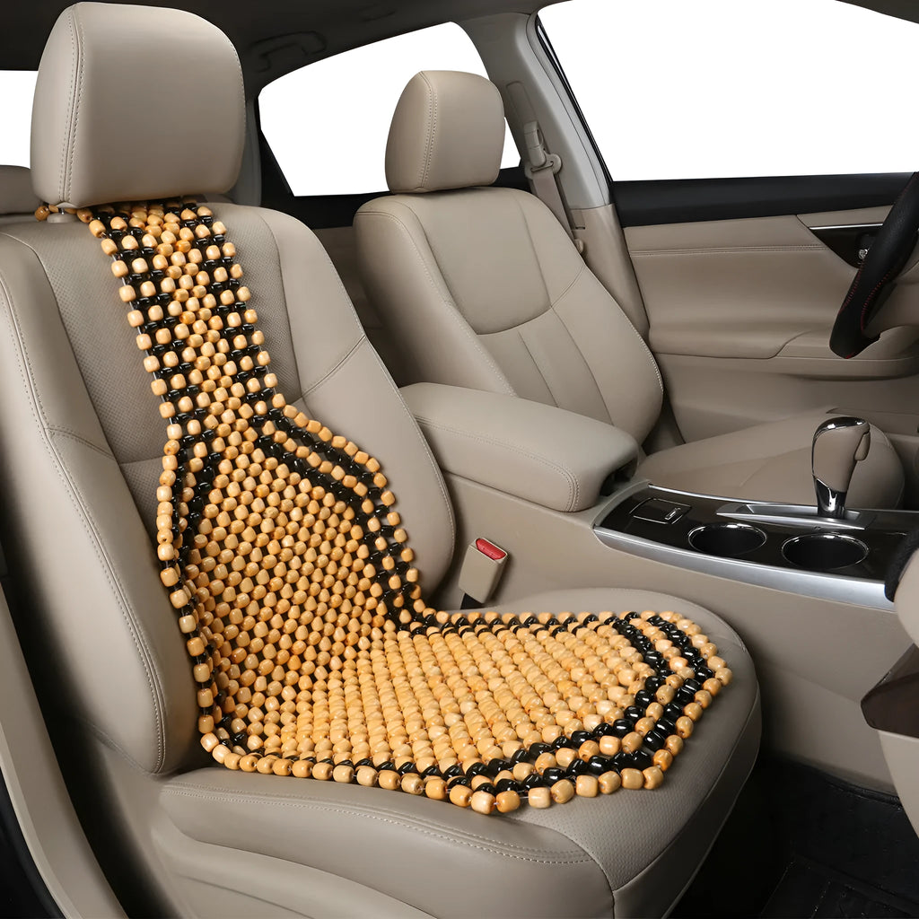 Breathable mesh car seat cushion for summer ventilation in beige colour on vehicle seat