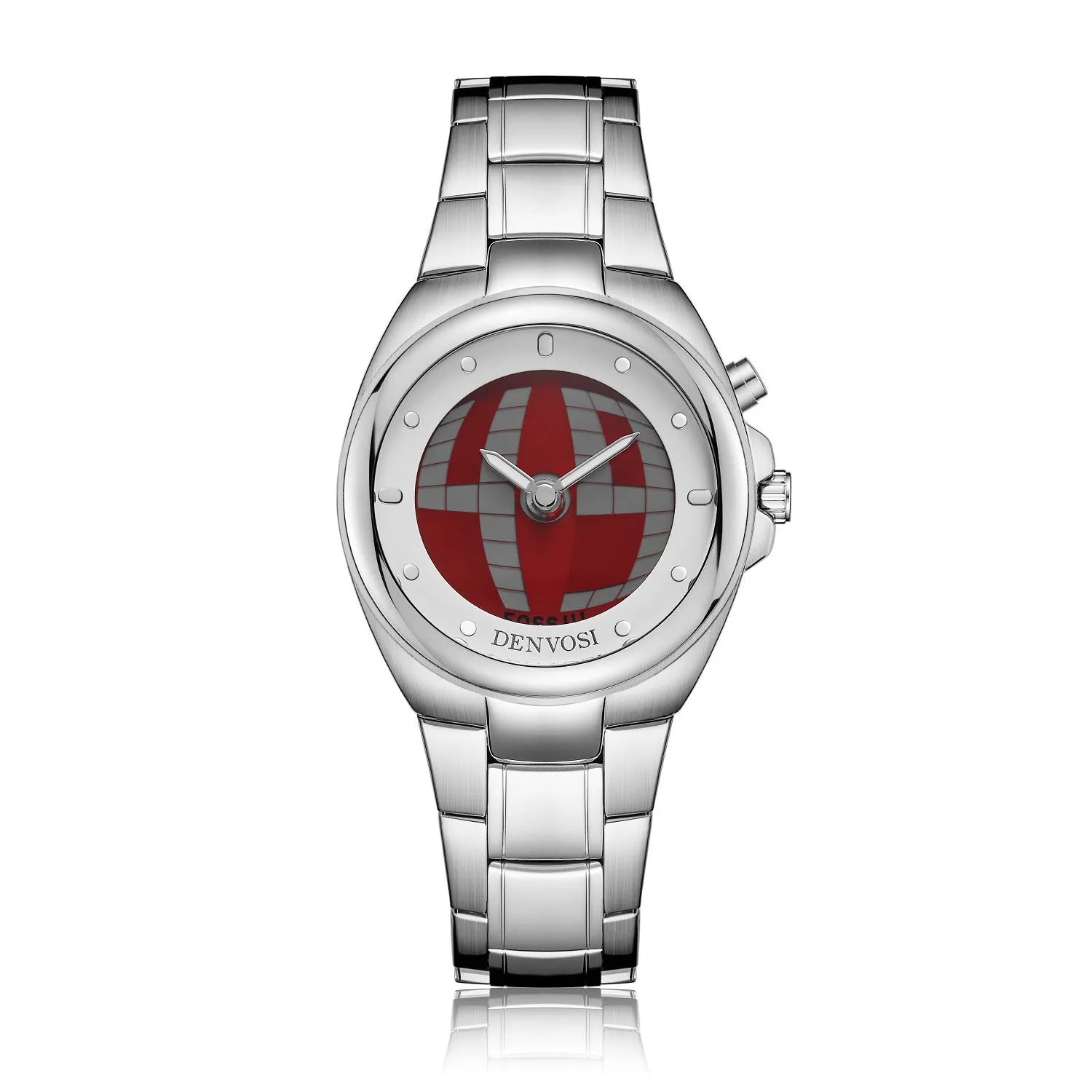 Men's Y2K digital watch with dual LCD displays showing blue flame dial on an alloy strap with stainless steel buckle.