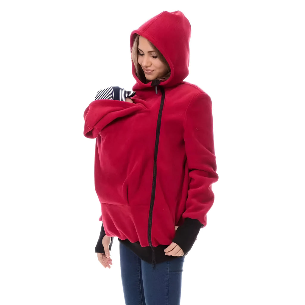 Red loose-fit polar fleece sweater for women with long sleeves, shown on a hanger.