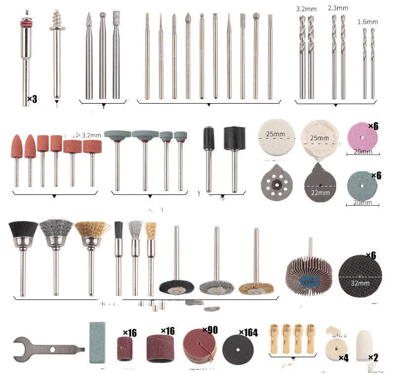 365pc electric grinder accessory set with cutting discs, grinding wheels, sandpaper, and wire brushes in alloy construction