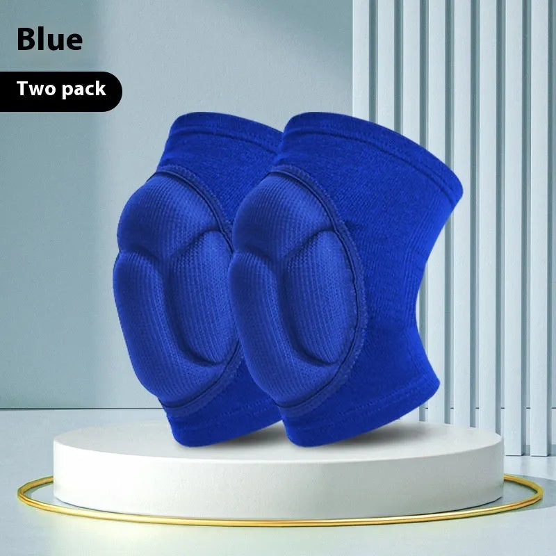 A pair of black thick sponge kneepads made from polyester fabric, shown on a knee.