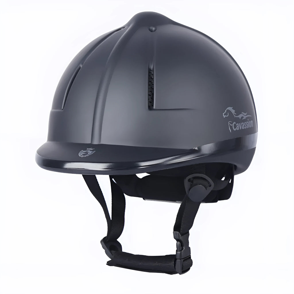 Black adjustable equestrian riding helmet for horse riding and cycling with S M L sizes