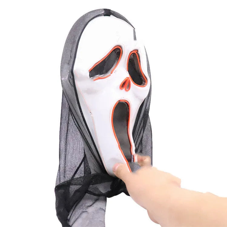 Halloween scary skull LED glowing screaming mask with white shell and ice blue light