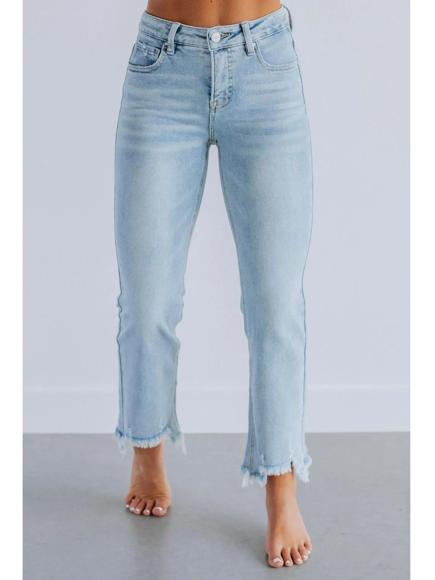 Women's solid colour denim trousers with hand-worn distressing in dark blue and light blue washes