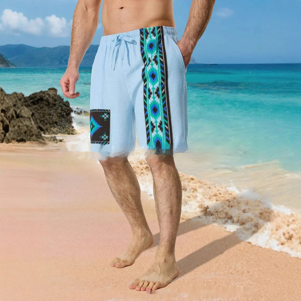 Men's colour-block casual shorts with drawstring waist in blue, khaki, dark grey, green, or yellow options