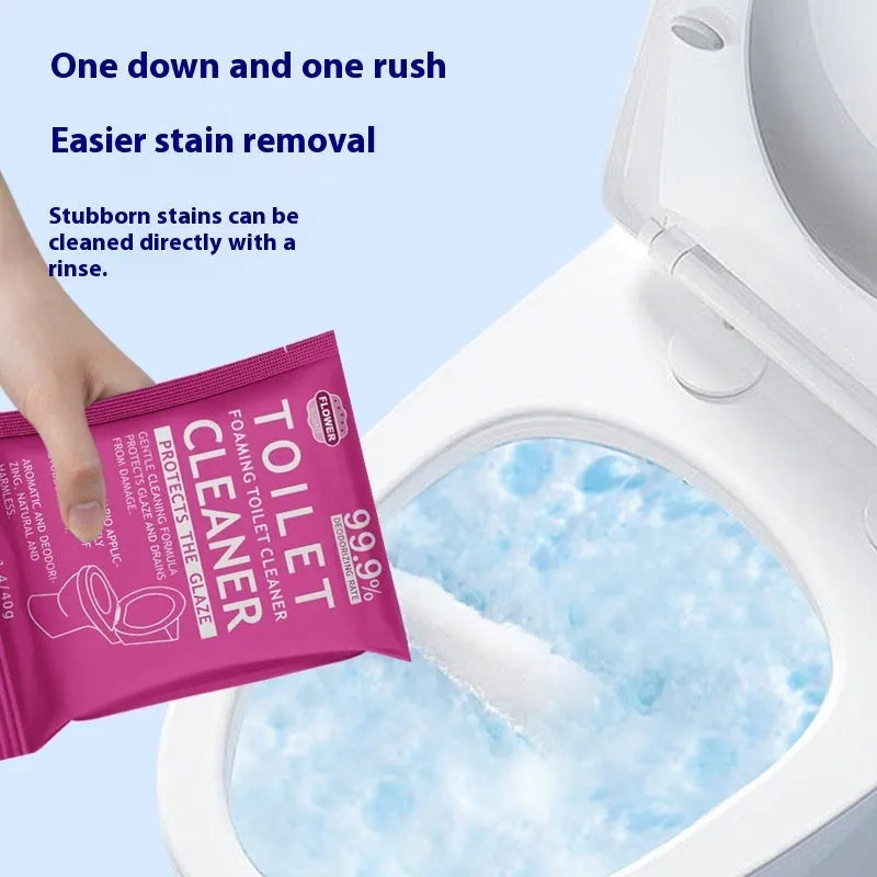 Box and bag of toilet bubble powder descaler cleaner in blue and pink fragrance options.