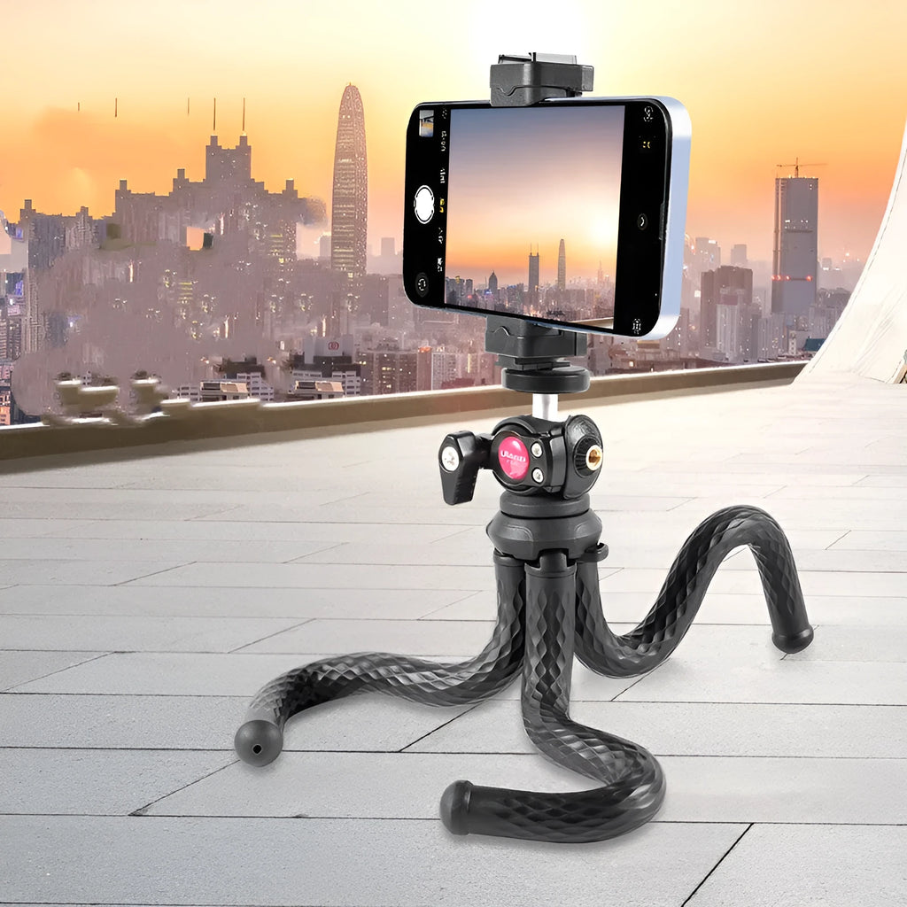 Black octopus leg mobile phone tripod set with clip, FT-01 model, aluminium alloy construction
