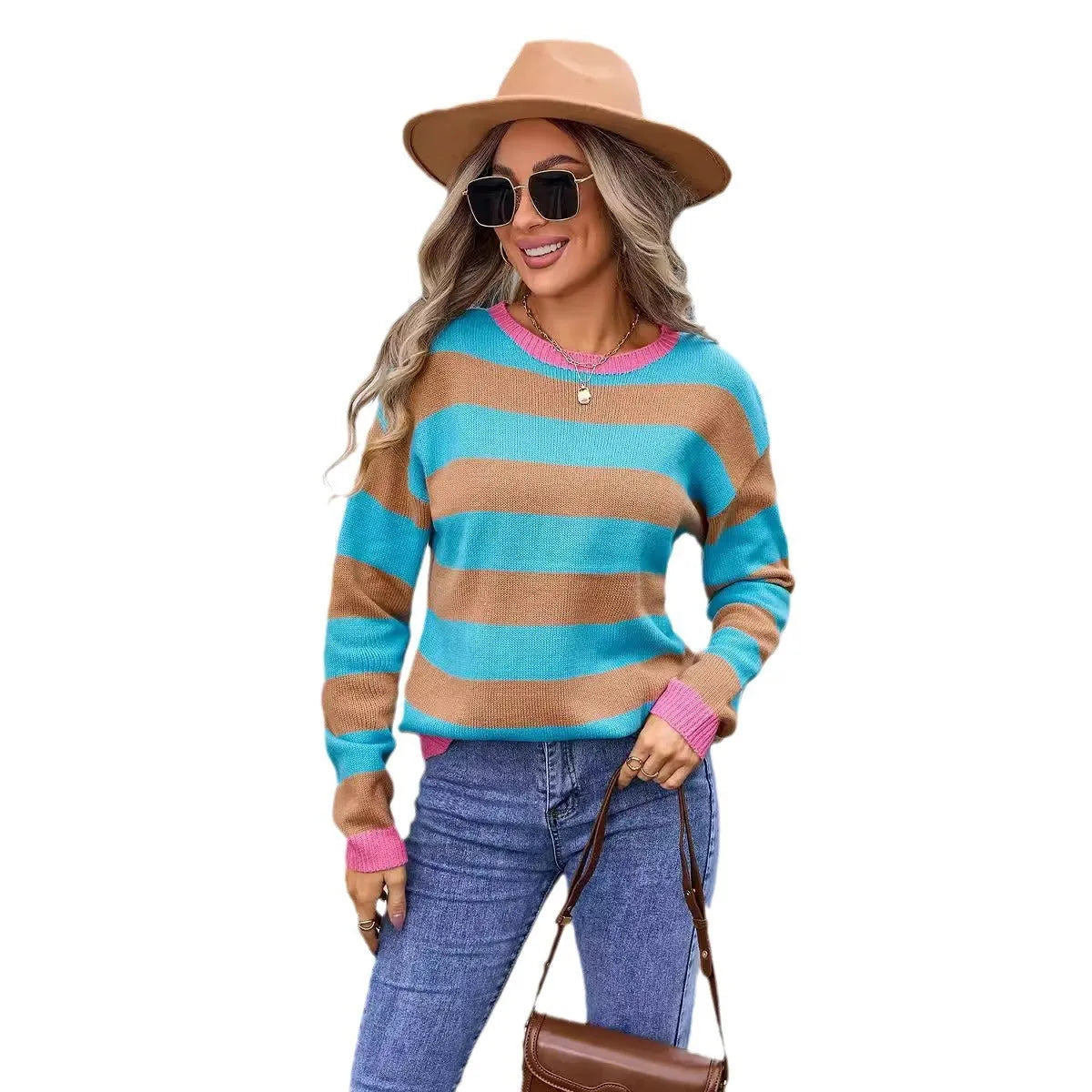 Women's blue striped acrylic loose fit long sleeve sweater with round neck