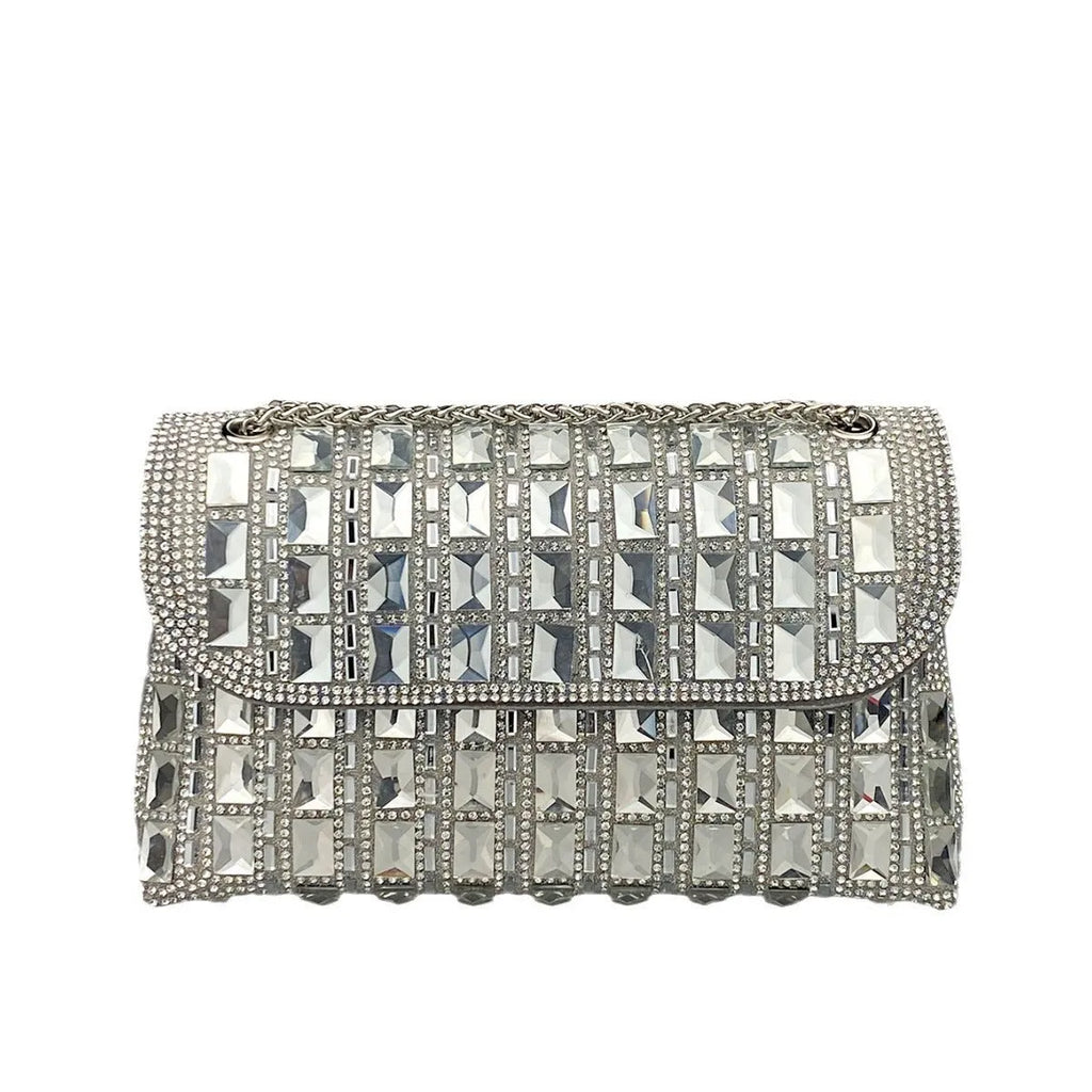 Silver rhinestone chain clutch purse with a horizontal square shape and open pocket.