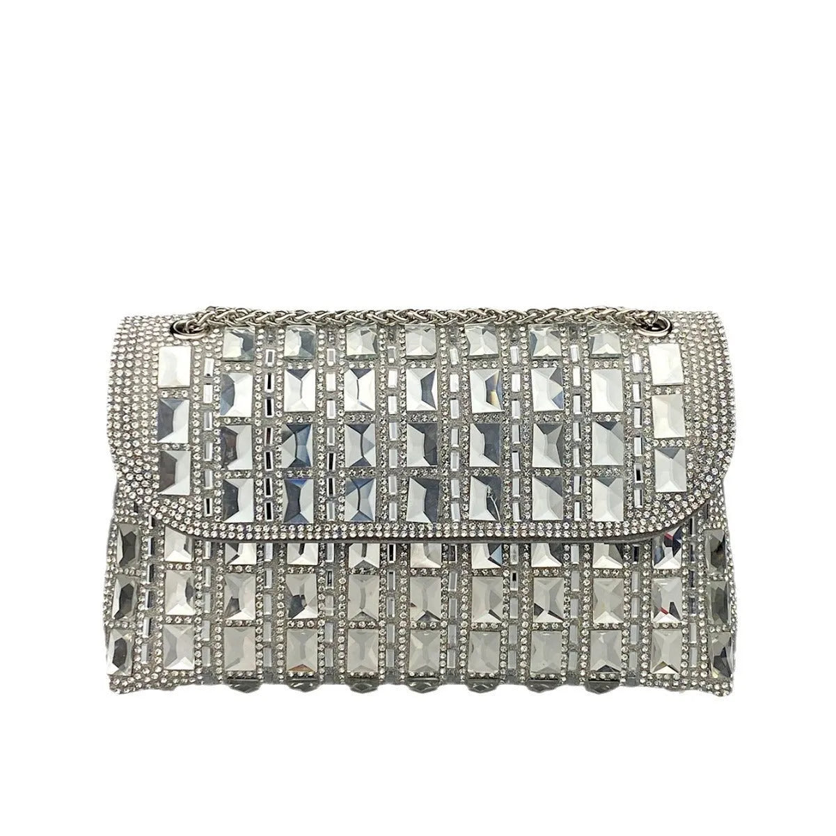 Silver rhinestone chain clutch purse with a horizontal square shape and open pocket.