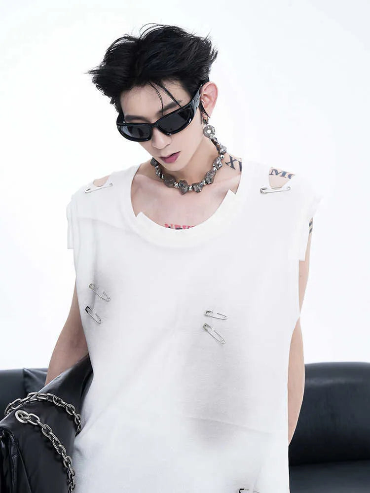 Men's black ripped sleeveless vest waistcoat t-shirt with irregular cutting and round neck