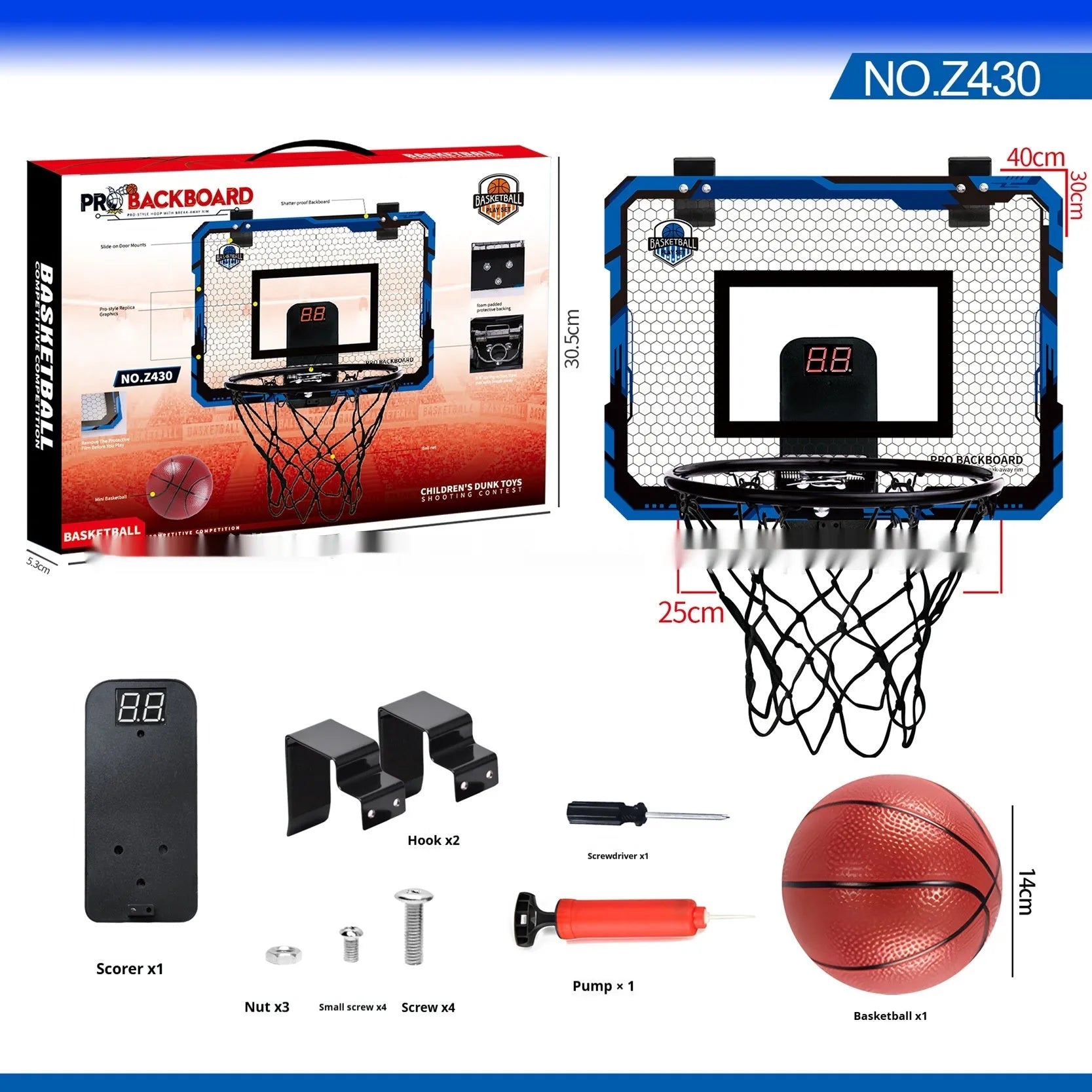Red and blue foldable basketball frame toy with suction cups and hook shown in dunk scoring and folded ball rack positions.