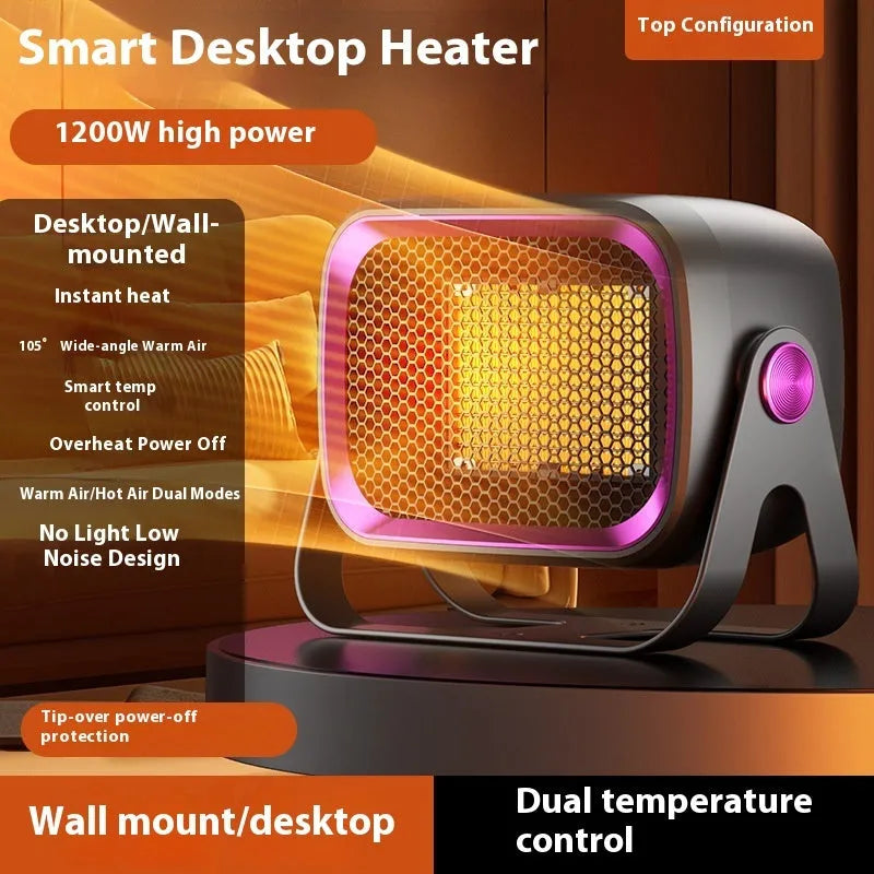 Compact white desktop ceramic heater with rotatable base on a wooden table.