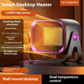 Compact white desktop ceramic heater with rotatable base on a wooden table.