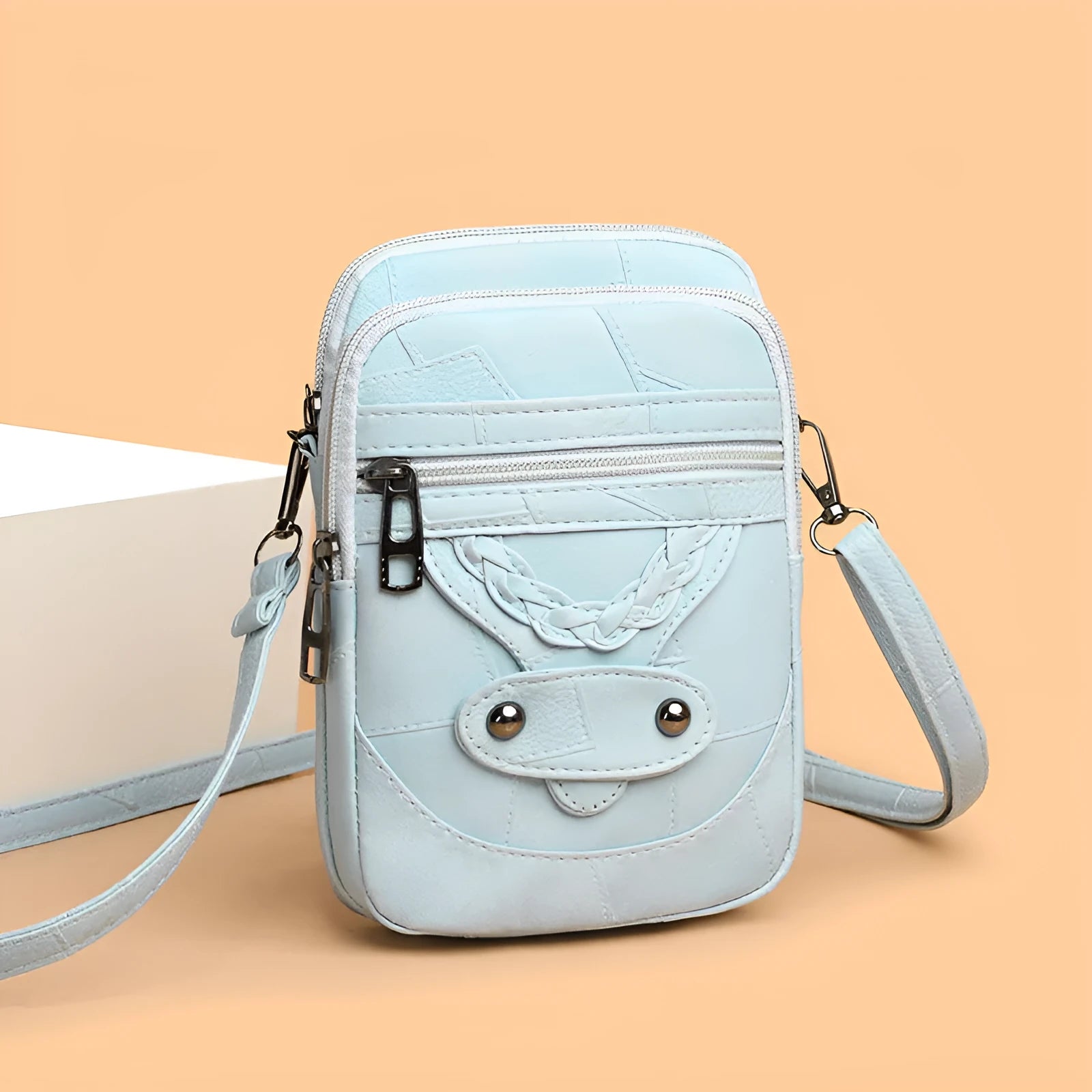 Soft PU leather retro mobile phone bag with square vertical design and weaving rivet details
