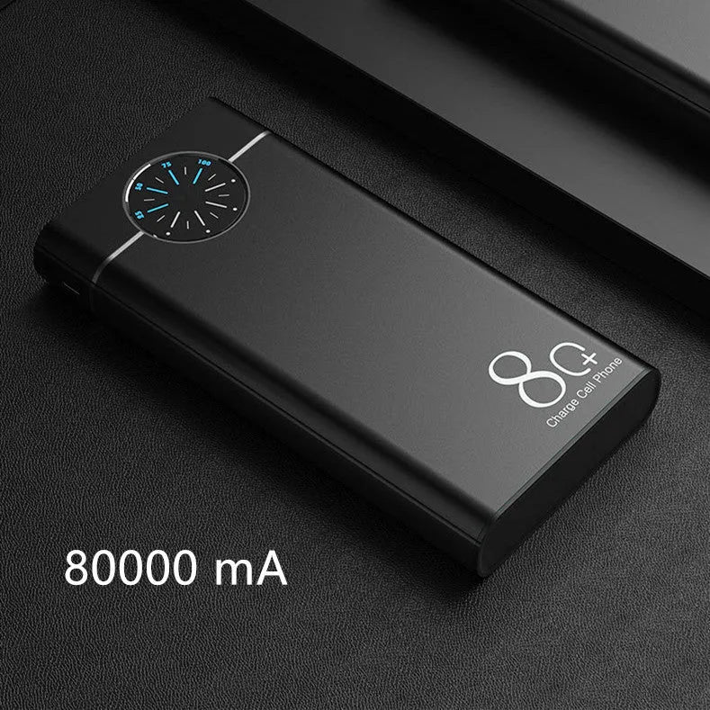 Slim black 20000mAh portable power bank with alloy shell and LED flashlight