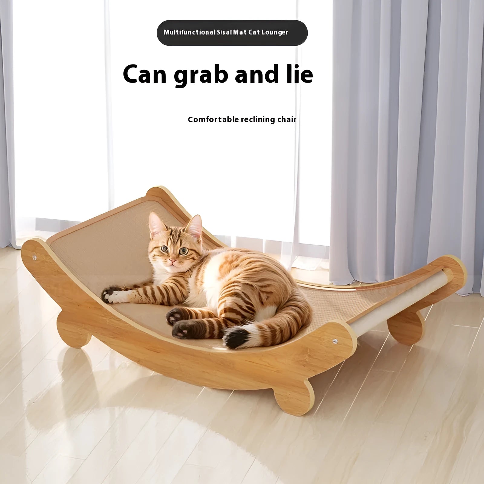 U-shaped sisal cat scratch board lounge chair in pastoral style, showing recliner design