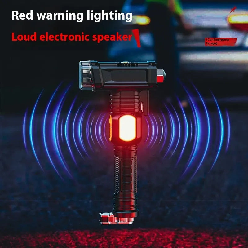 Automobile safety hammer flashlight in ABS with 1800mAh battery, red warning light, power bank, and 16 functions.