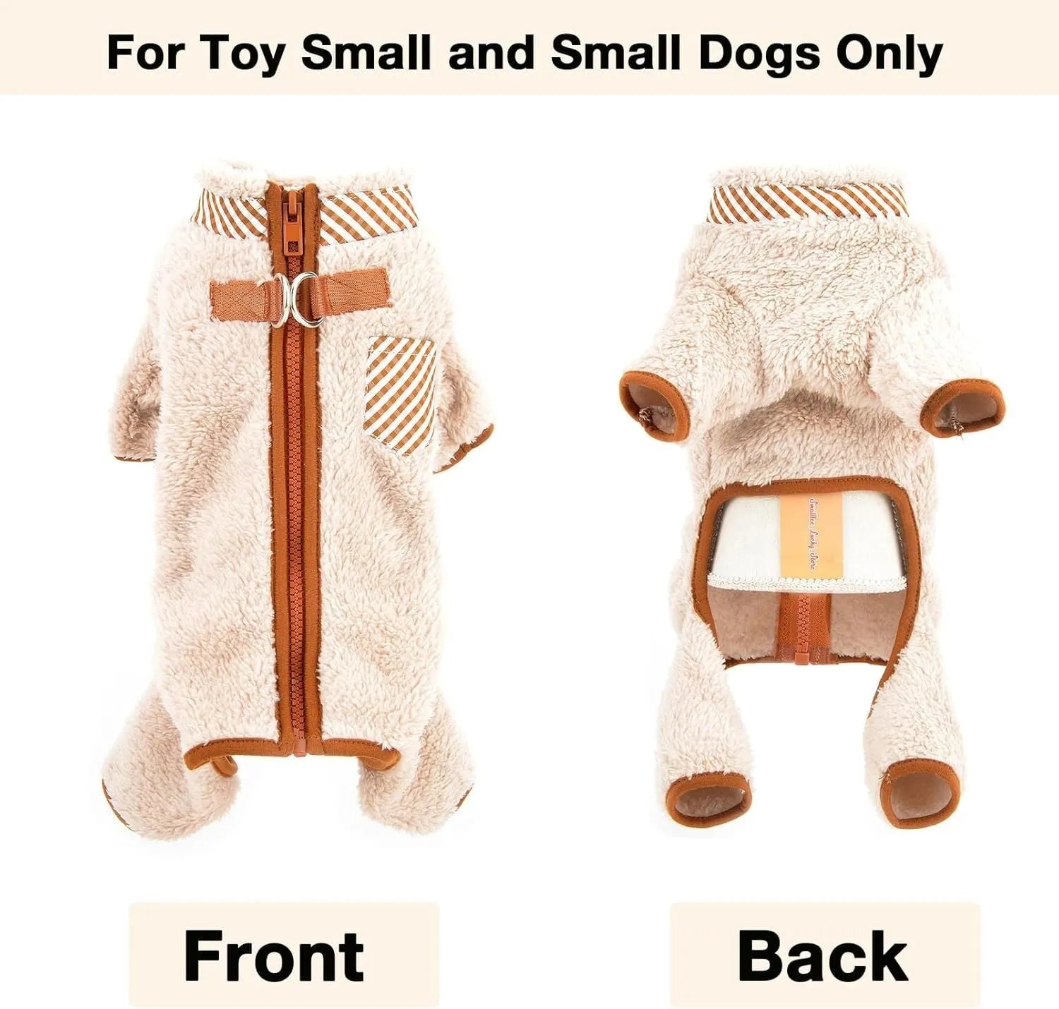 Small dog wearing green fleece coat with back zipper, four-leg winter pajamas for Chihuahua size