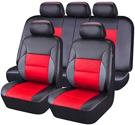 Set of artificial leather car seat covers showing headrest, front seat, and back seat pieces in a choice of colours.