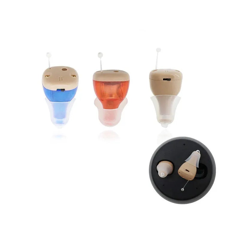 G19 silicone sound amplifier with TWS true wireless charging silo in Red Blue or Skin tone.
