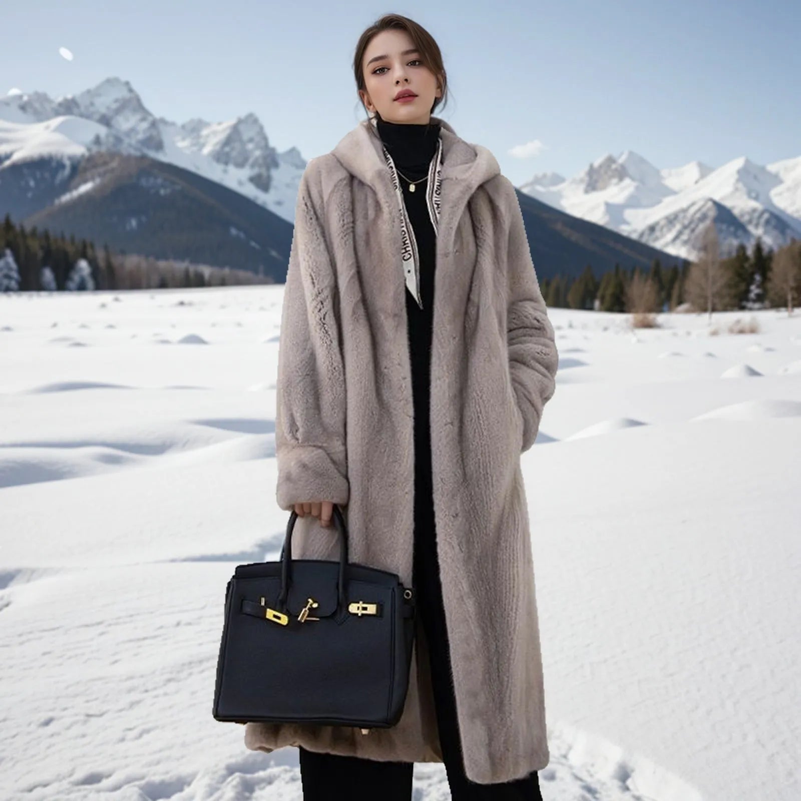 Long brown leopard print faux fur coat on a plus-size model, showing its 100cm length and loose fit.