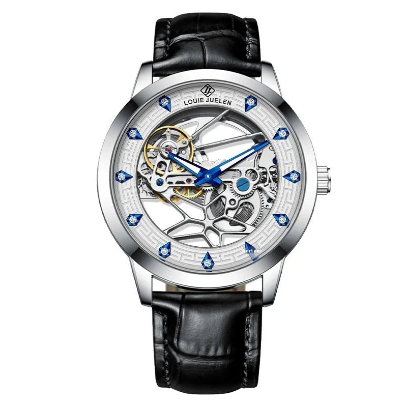 Men's silver stainless steel waterproof mechanical watch with luminous hands on a black genuine leather strap.