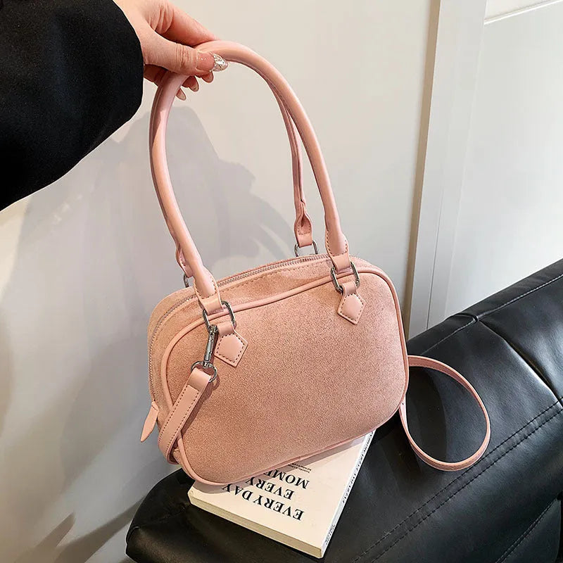 Women's crossbody suede-style PU leather handbag in horizontal square shape, available in multiple colours