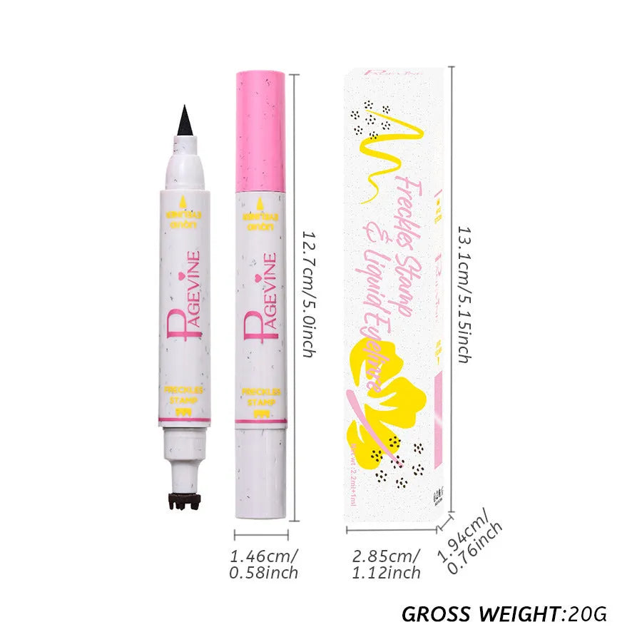 Women's double-headed brown liquid eyeliner pen with fleck removal tip and eyebrow pencil included on white background