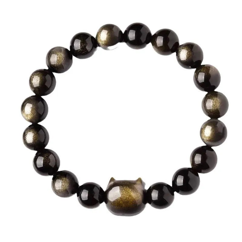 Obsidian cat head bracelet with natural stone beads and gold or silver style charm
