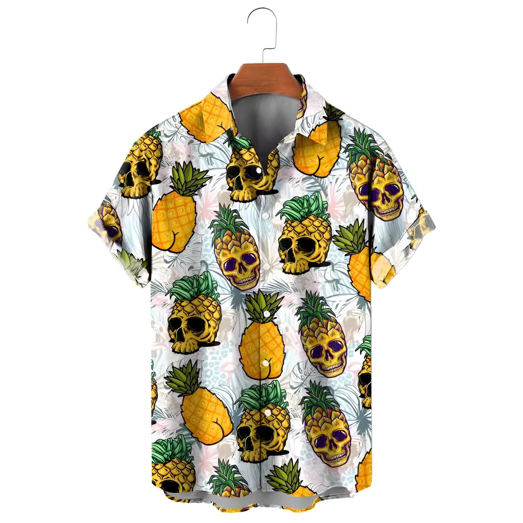 Mens 3D printed Hawaiian shirt with lemon and pineapple fruit pattern, loose cardigan style, thin polyester, available in multiple sizes