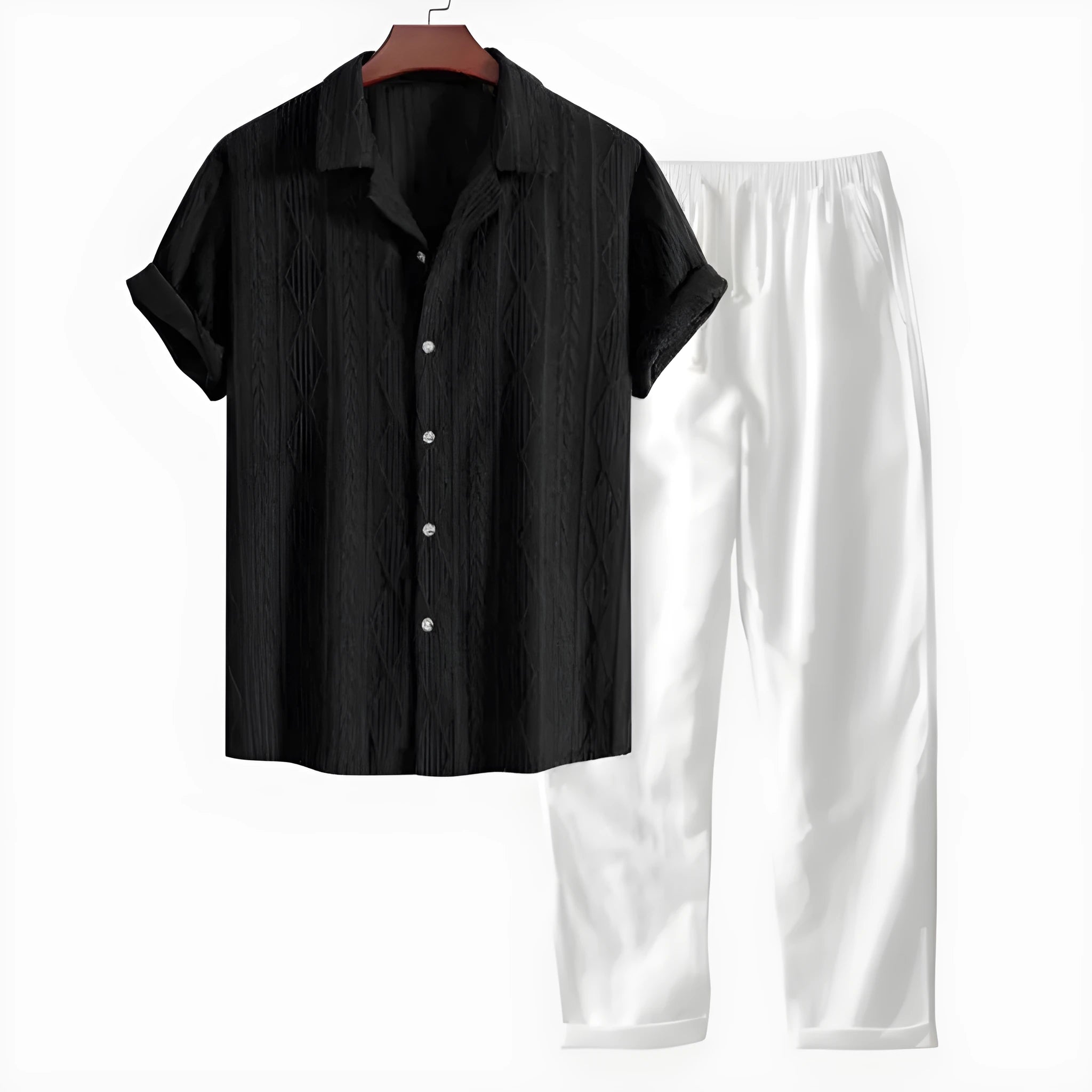 Man wearing a slim fit camouflage print short sleeve shirt and matching trousers casual suit