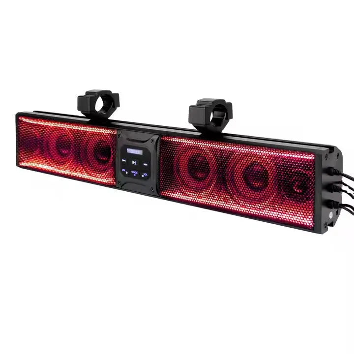 Portable Bluetooth audio system for golf carts and ATVs with speakers and connection ports.