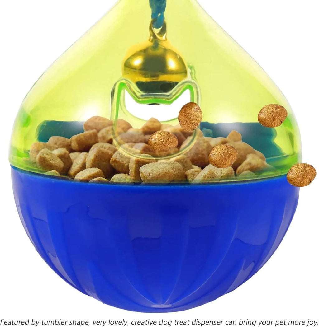 Blue and white durable plastic dog and cat treat dispenser puzzle ball toy.