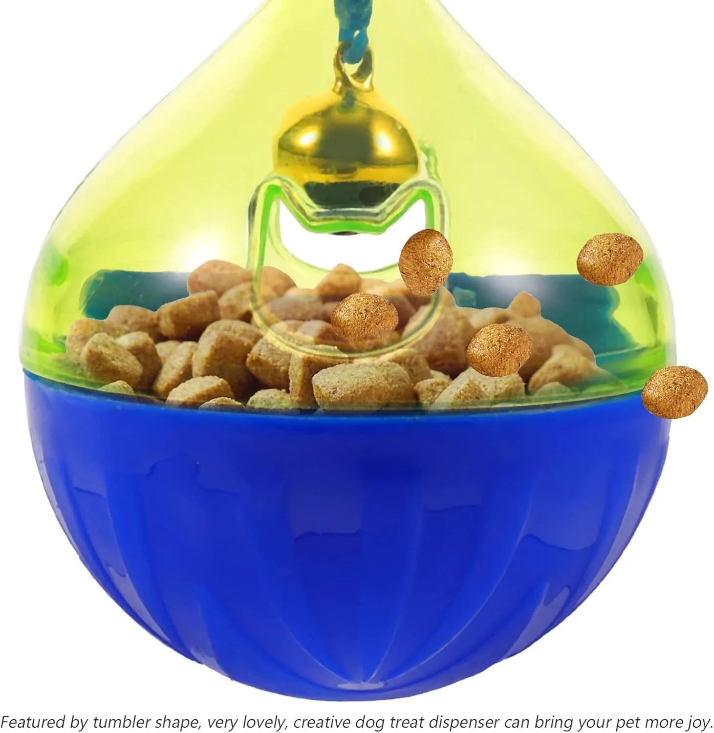 Blue and white durable plastic dog and cat treat dispenser puzzle ball toy.