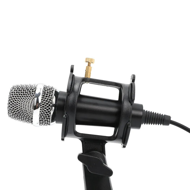 Black mini condenser microphone with aluminium stand and USB/3.5mm cables for live streaming