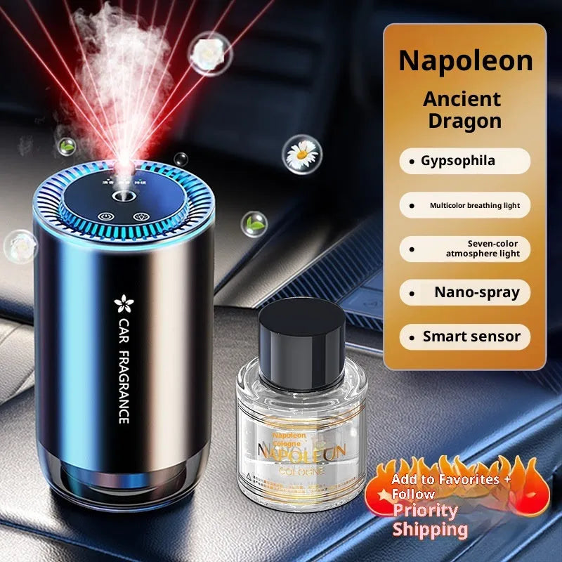 Car automatic spray fragrance machine with odour removal and ambience light in multiple colours