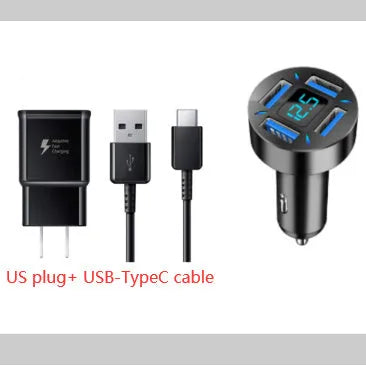 Four-port USB car charger with digital LED display for use in vehicles