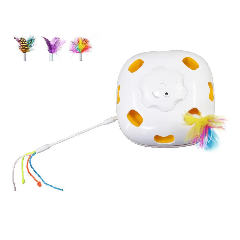 Automatic self-play cat teaser toy with picture colour design on white background
