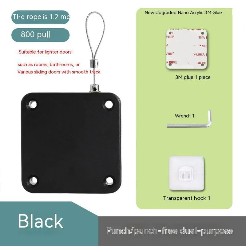 White automatic door closer with adhesive mount and tension adjuster for no-drill installation on doors.