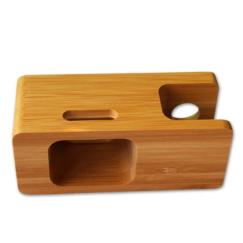 Bamboo smartphone stand with hand-carved round carving and inkjet finish, dimensions 149x55x60mm