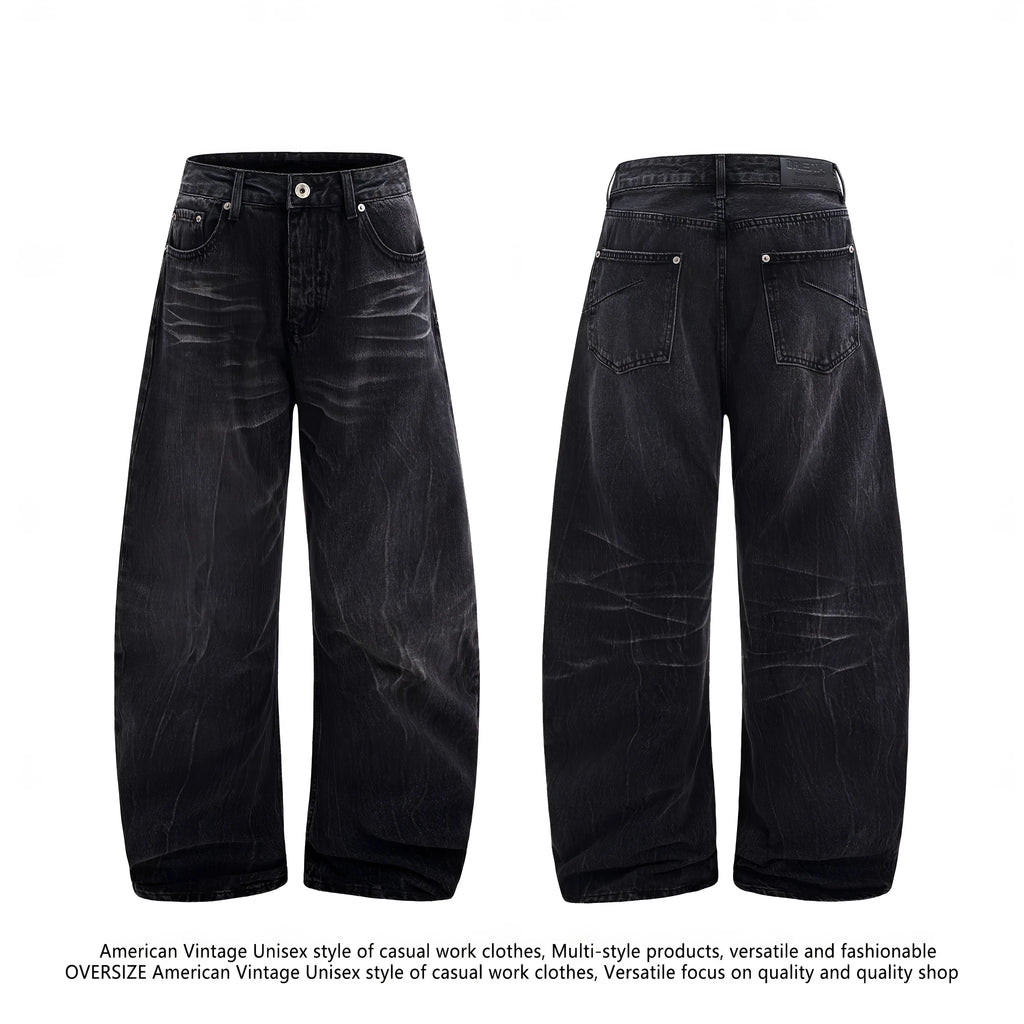 Men's black straight-leg jeans with lightning crack distressing on cotton denim