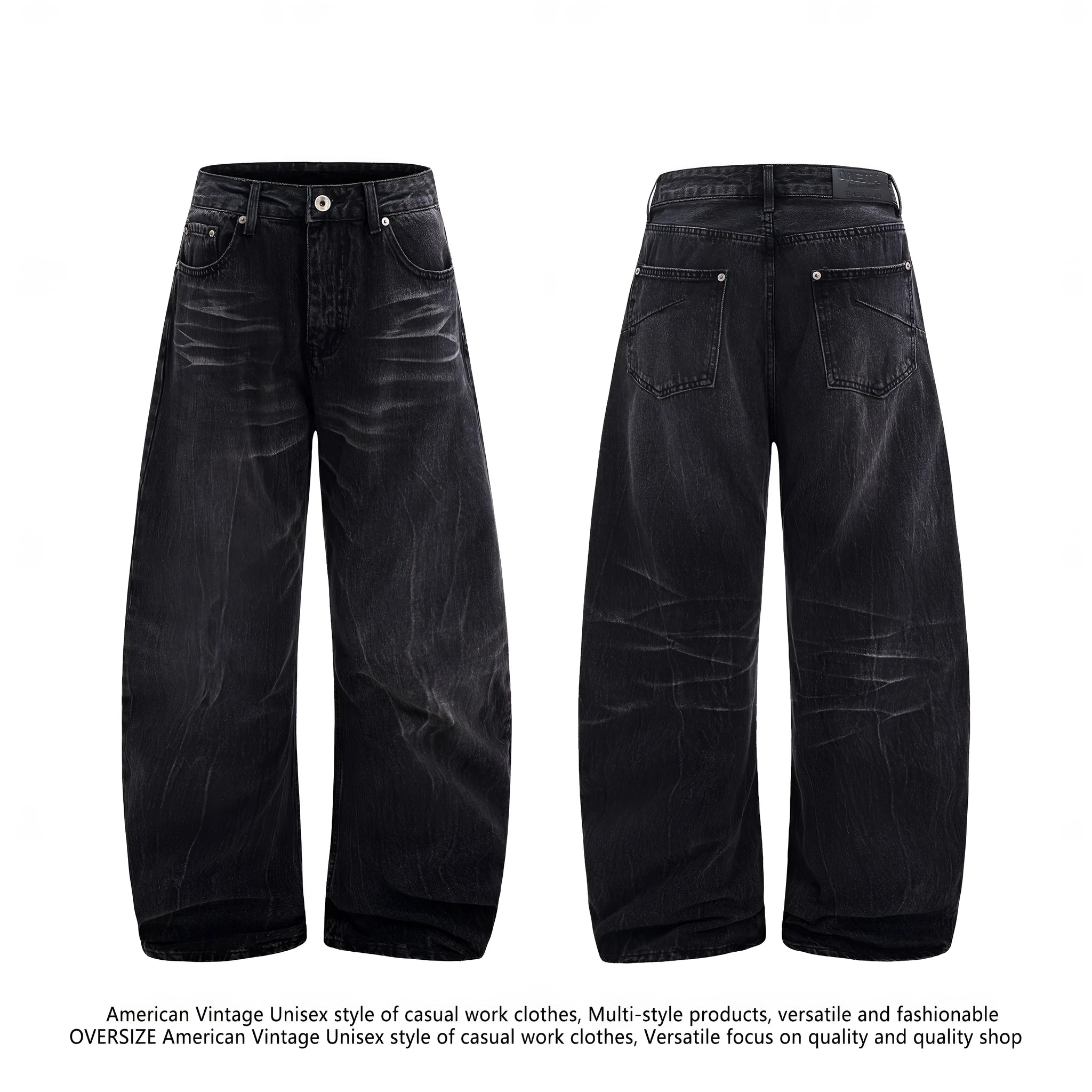 Men's black straight-leg jeans with lightning crack distressing on cotton denim