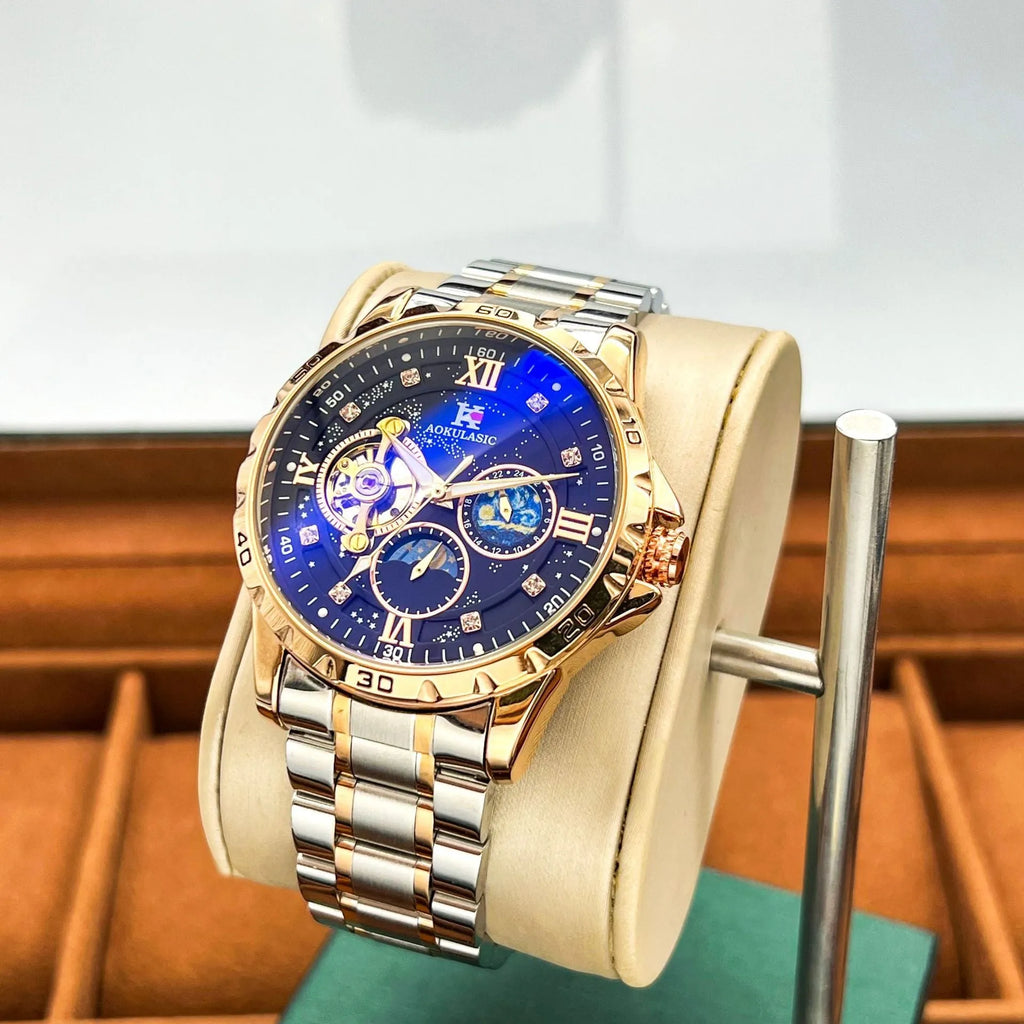 Automatic mechanical men's wristwatch with rose gold case and black dial on a strap.