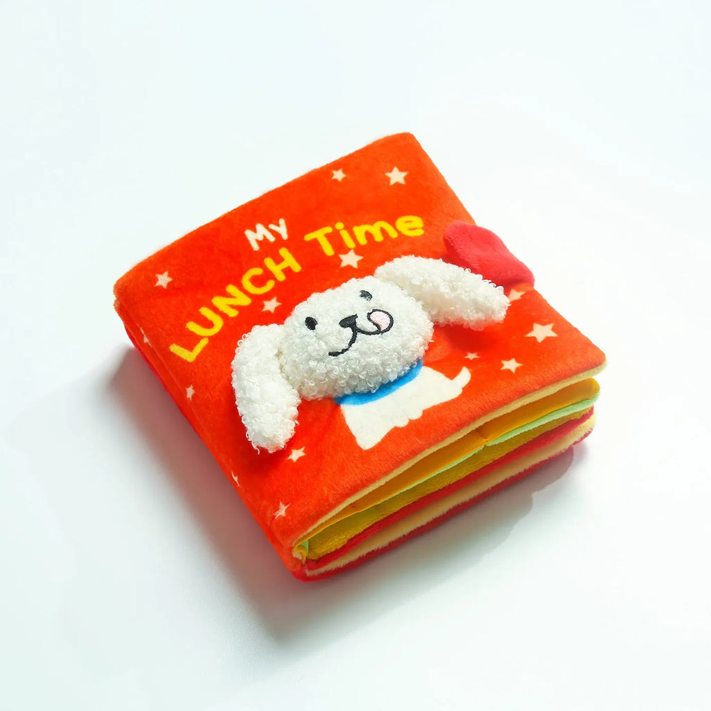Red book plush pet toy for food searching and interactive enrichment featuring soft fabric