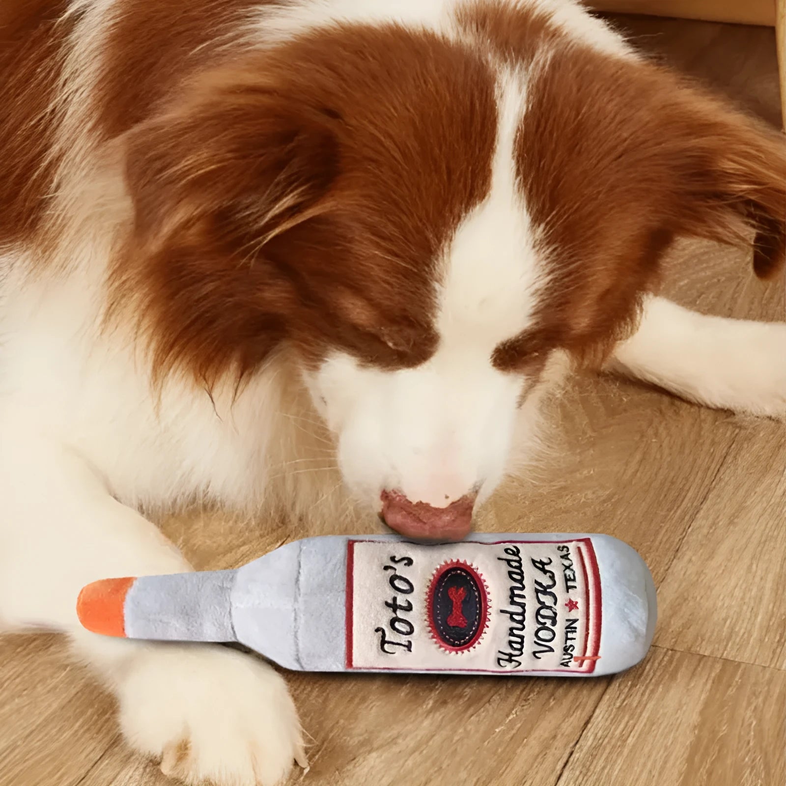 Brown plush wine bottle shaped dog toy with molar detailing for chewing
