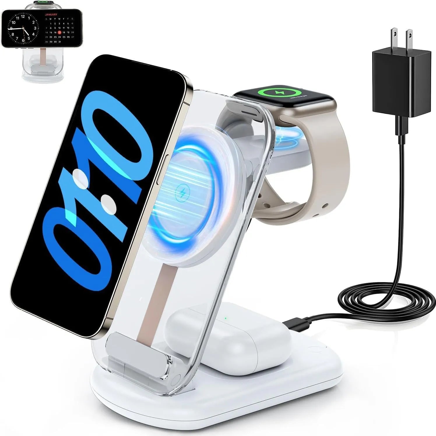 Transparent foldable magnetic wireless charger showing internal coils, unfolded on a table next to a smartphone.