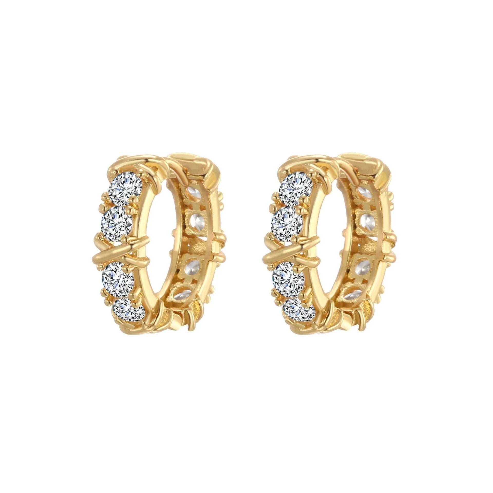 A pair of geometric hexagonal clover cross earrings with an elliptical shape in a gold or silver electroplated finish.